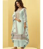 Turquoise Georgette semi stitched embroidered top & bottom with dupatta