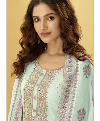 Turquoise Georgette semi stitched embroidered top & bottom with dupatta 2