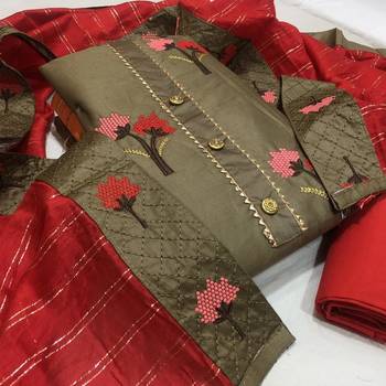 VredeVogel Mehendi green Cotton slub Unstiched Dress Material  1