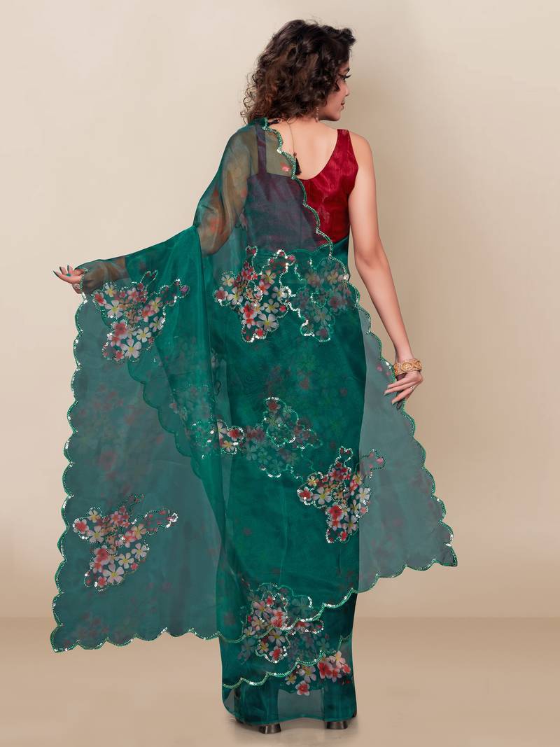 Green printed silk saree with blouse