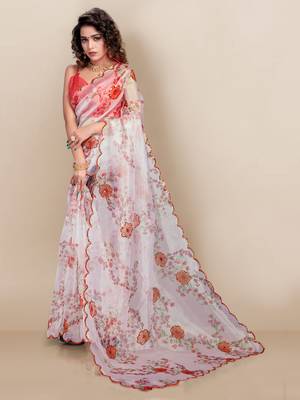White printed silk saree with blouse 1
