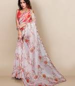 White printed silk saree with blouse