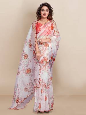 White printed silk saree with blouse 2