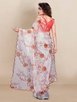 White printed silk saree with blouse 3