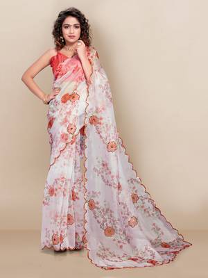 White printed silk saree with blouse 4