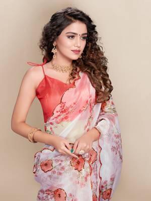 White printed silk saree with blouse 5