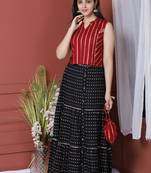 Maroon Printed Crop Top With Skirt And Potli