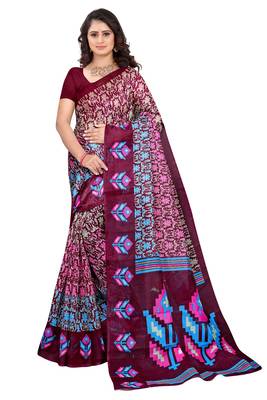 Purple printed cotton saree with blouse 1