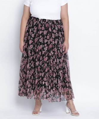 Black bean net printed and pleated lined Plus skirt 1