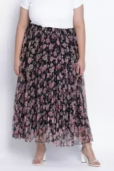 Black bean net printed and pleated lined Plus skirt