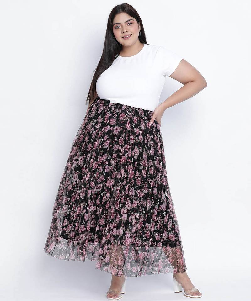 Black bean net printed and pleated lined Plus skirt