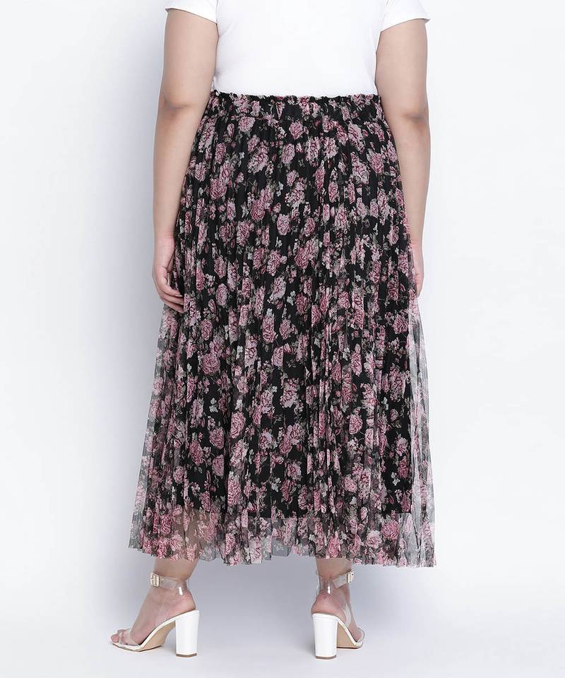Black bean net printed and pleated lined Plus skirt