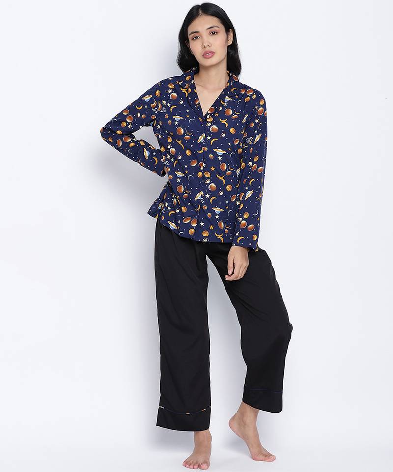 Urbanic Black fuzzy women nightwear Piping details pajama