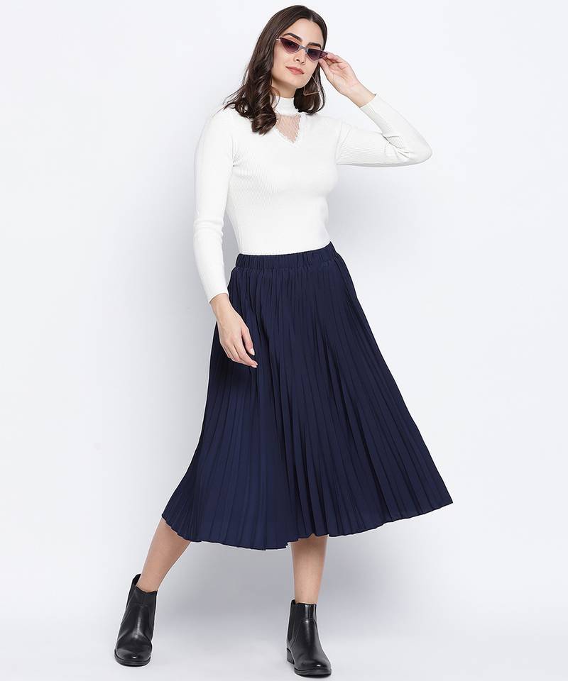 Blazed blue pleated women skirt