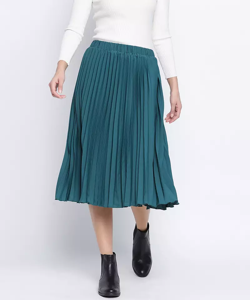 Sea green pleated women skirt