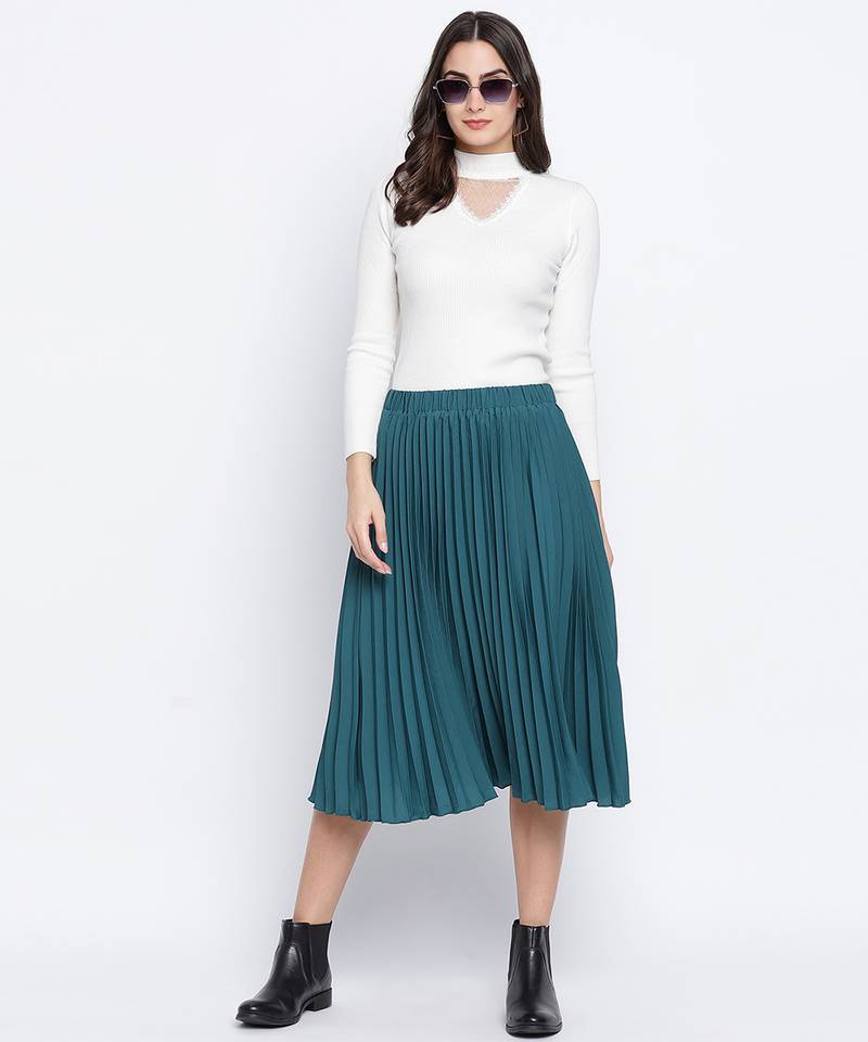 Sea green pleated women skirt