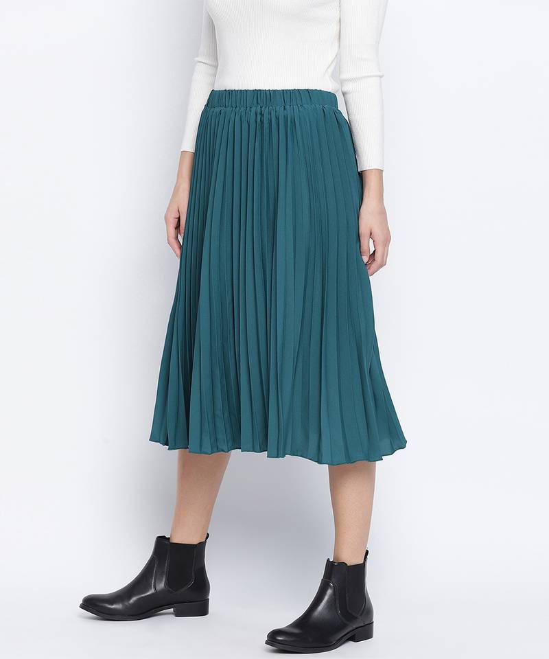 Sea green pleated women skirt