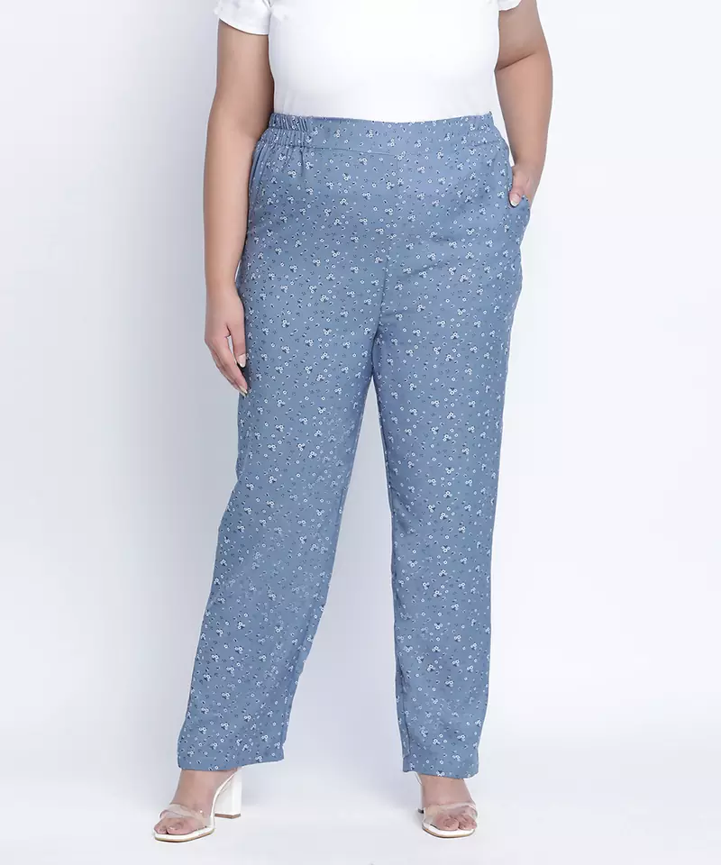Lattic blue peinted plus size Elasticated pant