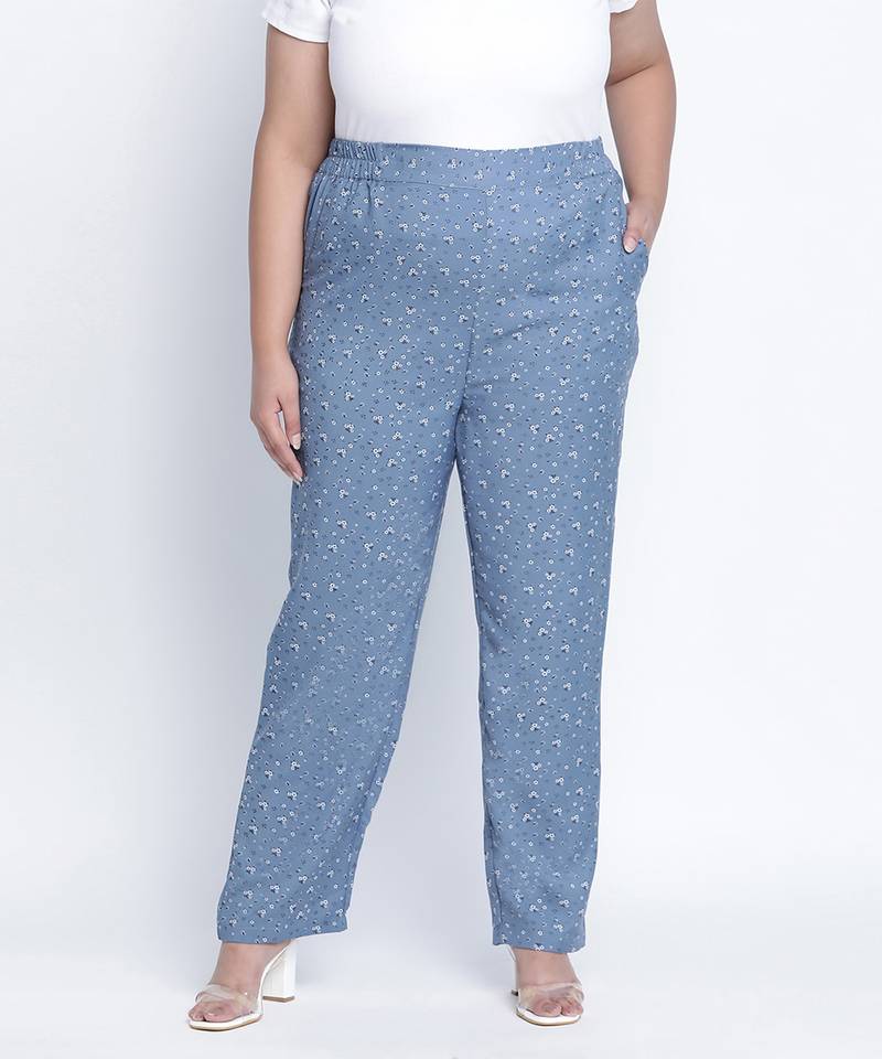 Lattic blue peinted plus size Elasticated pant