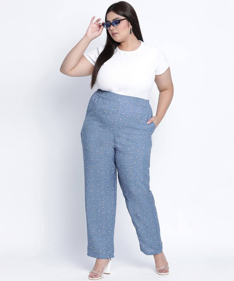 Lattic blue peinted plus size Elasticated pant