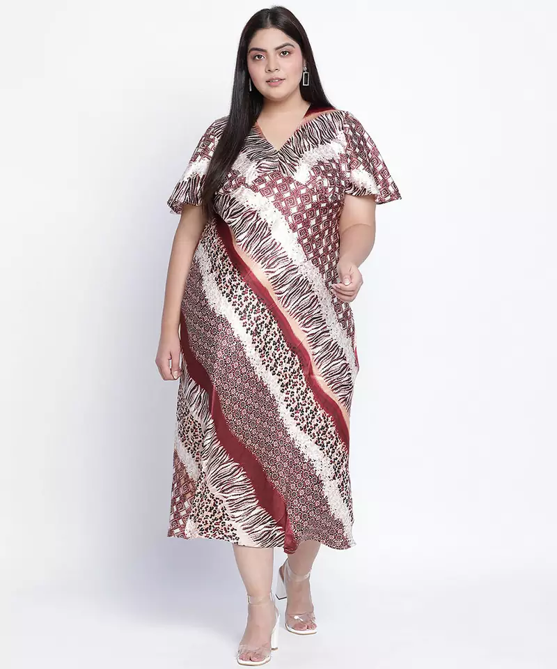Chaste natural satin print women plus size dress
