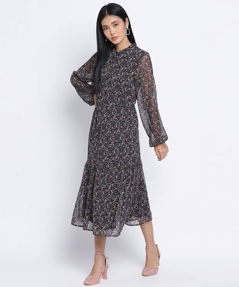 Flame black printed causal women dress