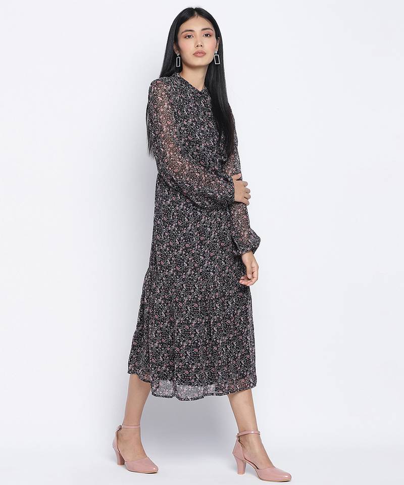 Flame black printed causal women dress