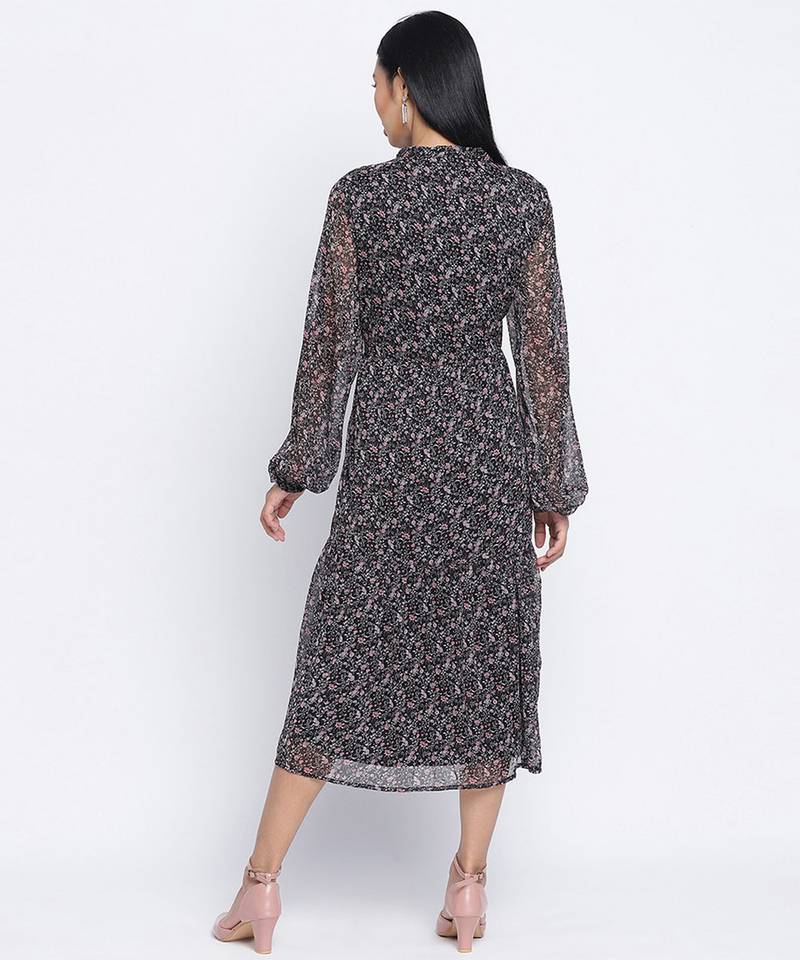 Flame black printed causal women dress