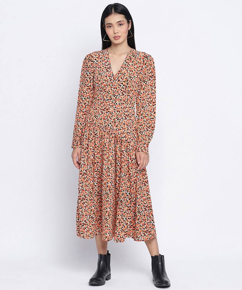 Gracious orange printed casual women dress