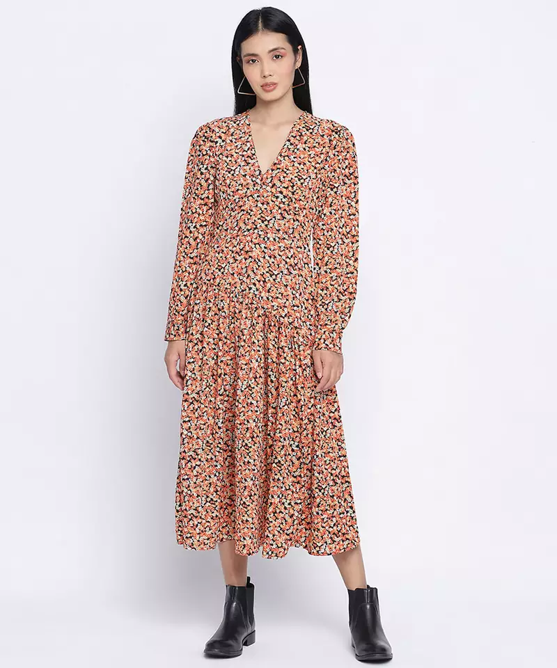 Gracious orange printed casual women dress
