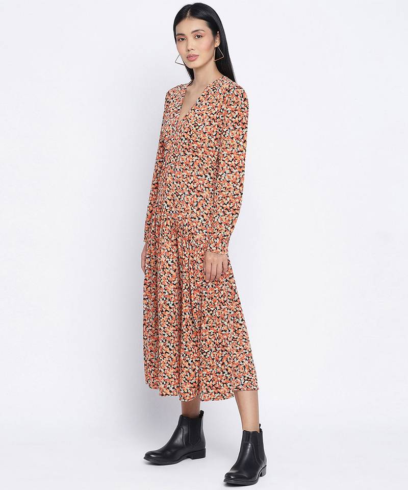 Gracious orange printed casual women dress