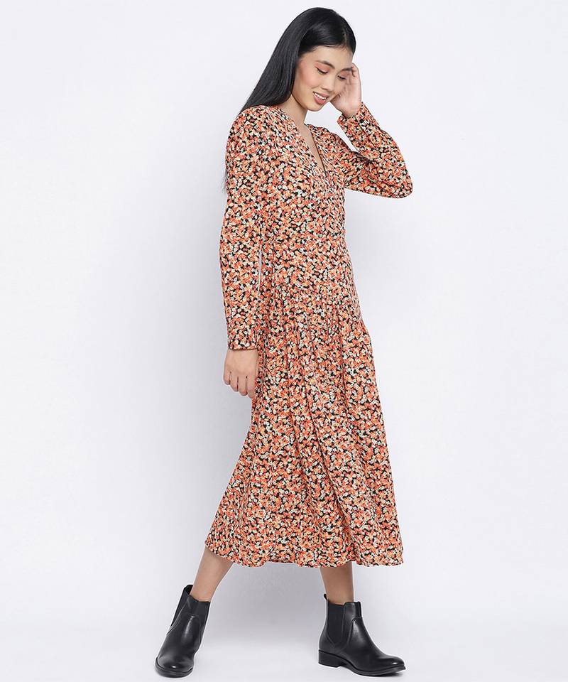 Gracious orange printed casual women dress