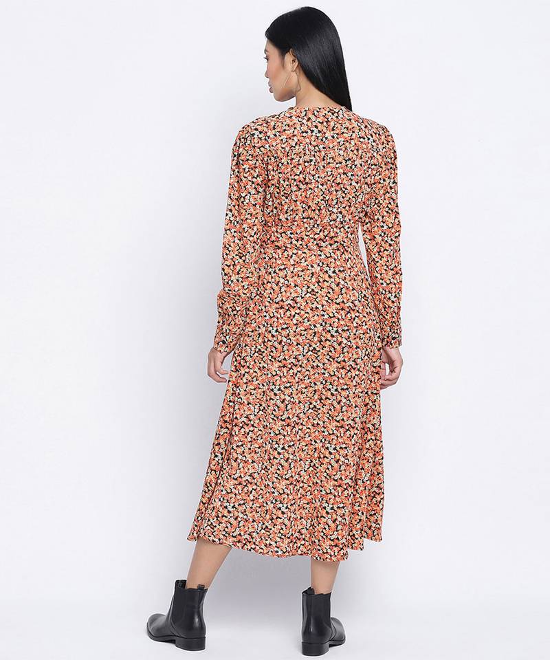 Gracious orange printed casual women dress