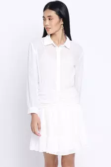Grandeur white gathered Swissdot style women dress