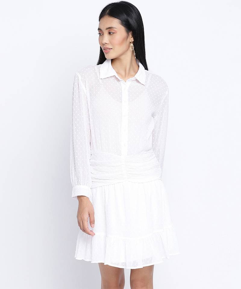 Grandeur white gathered Swissdot style women dress