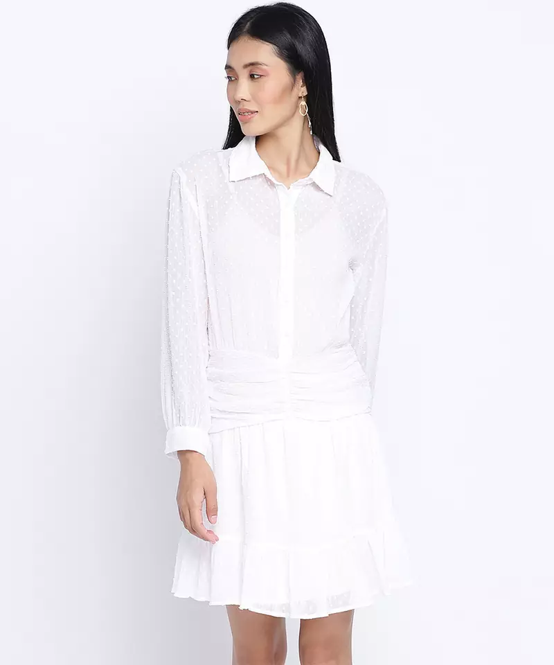 Grandeur white gathered Swissdot style women dress