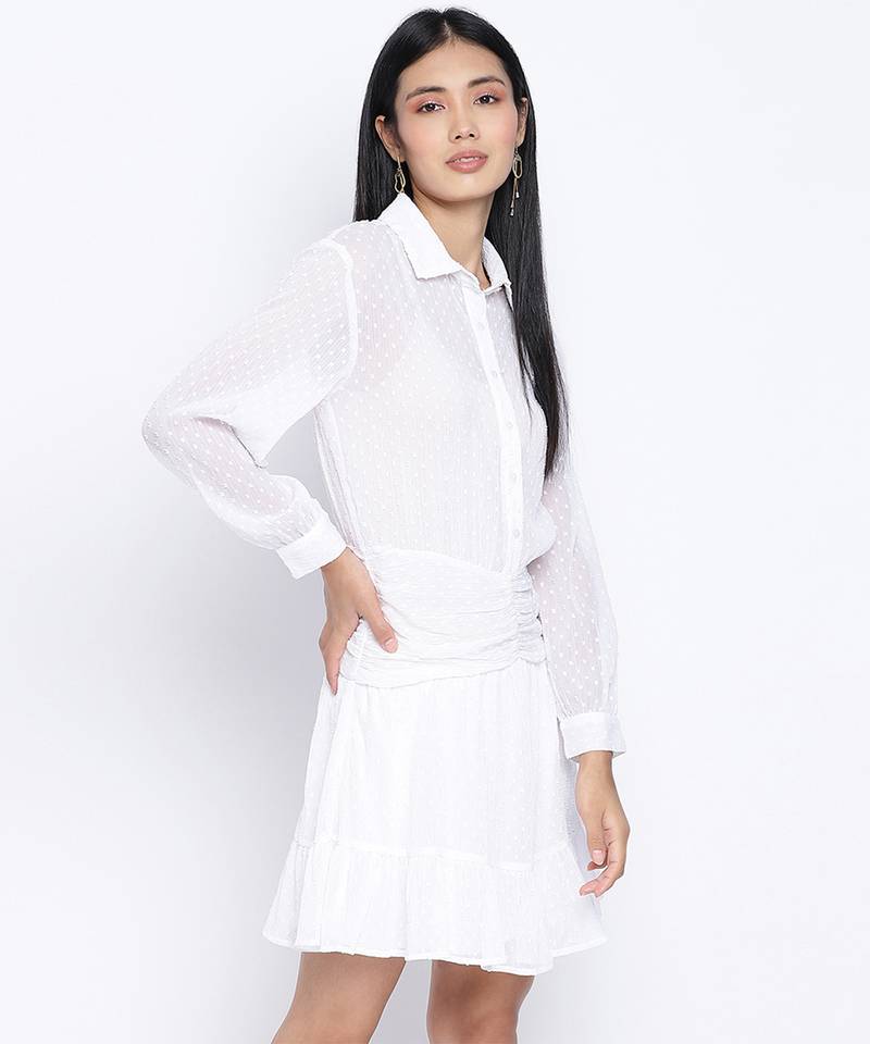 Grandeur white gathered Swissdot style women dress