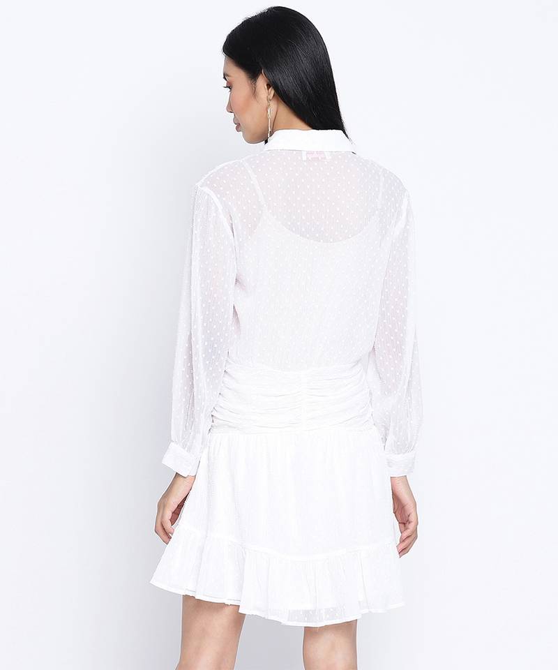 Grandeur white gathered Swissdot style women dress