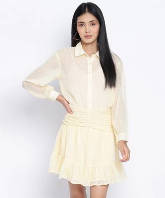 Suttle yellow gathered Swissdot style women dress 1