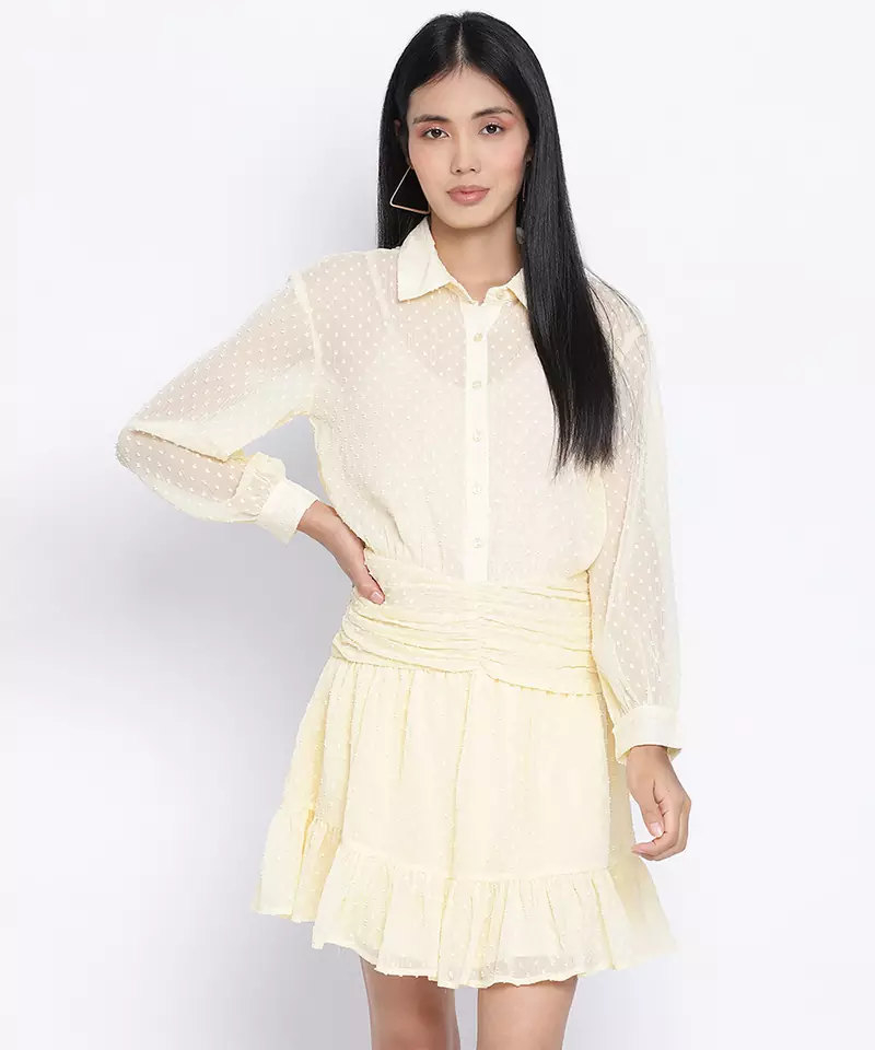 Suttle yellow gathered Swissdot style women dress