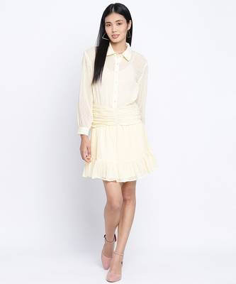 Suttle yellow gathered Swissdot style women dress 2
