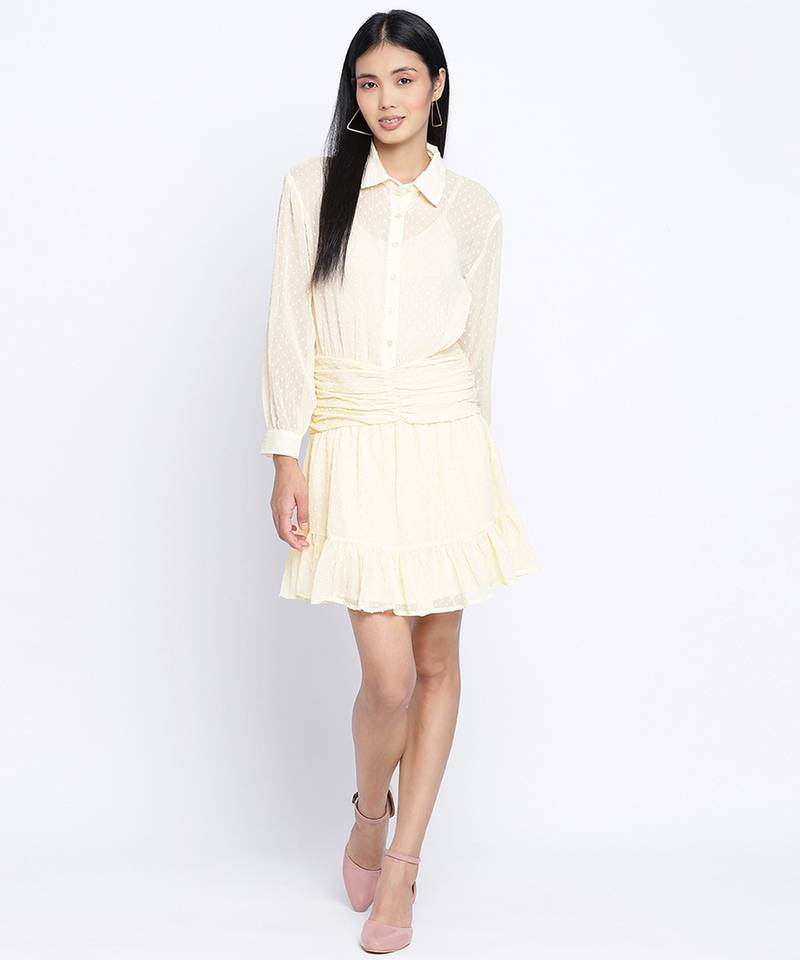 Suttle yellow gathered Swissdot style women dress