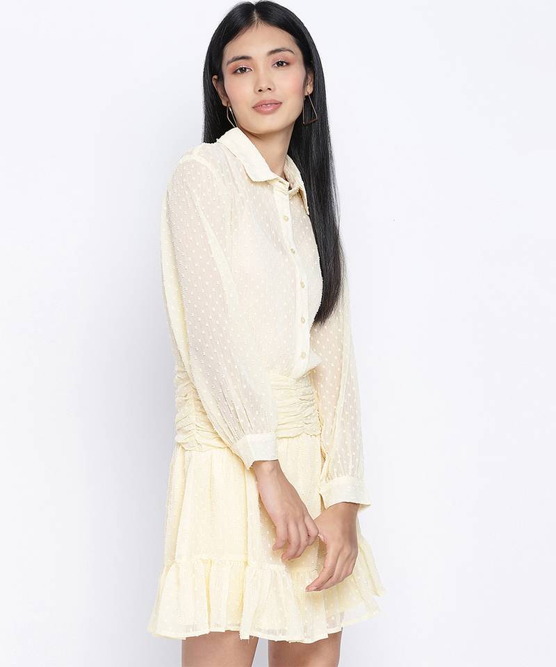 Suttle yellow gathered Swissdot style women dress