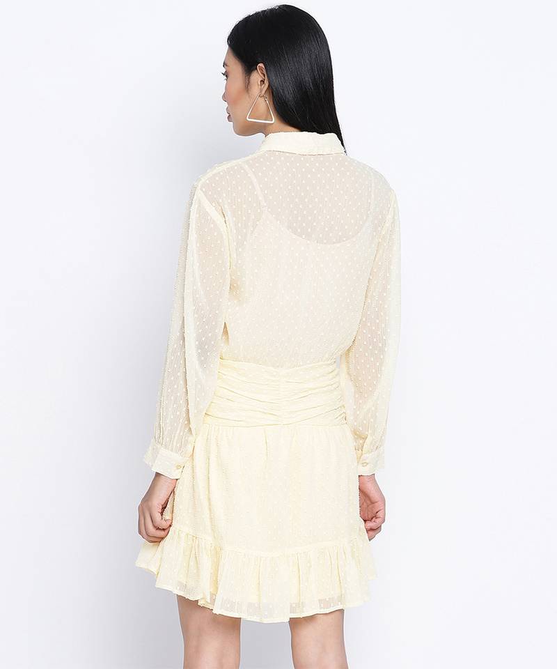 Suttle yellow gathered Swissdot style women dress