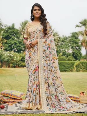 Peach printed georgette saree with blouse 1