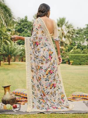 Peach printed georgette saree with blouse 2