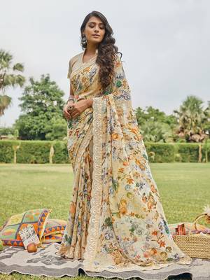 Beige printed georgette saree with blouse 1