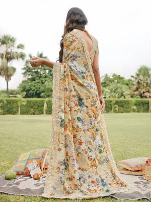 Beige printed georgette saree with blouse 2