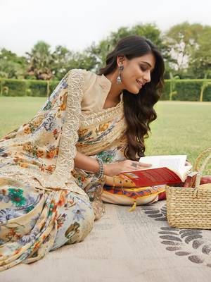 Beige printed georgette saree with blouse 3