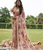 Peach printed georgette saree with blouse
